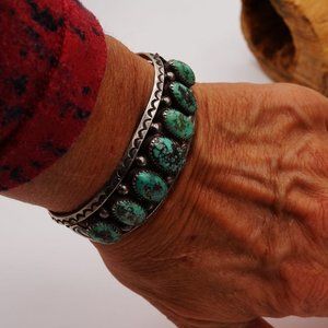 Vintage Southwest  Seven Turquoise Cuff Sun Rays & Silver Pearls Handmade 6.25"